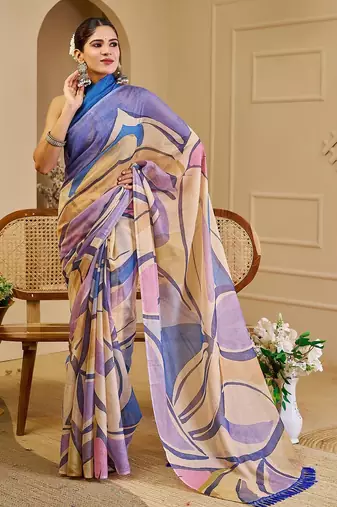 Purple cotton blend geometric print saree with blouse