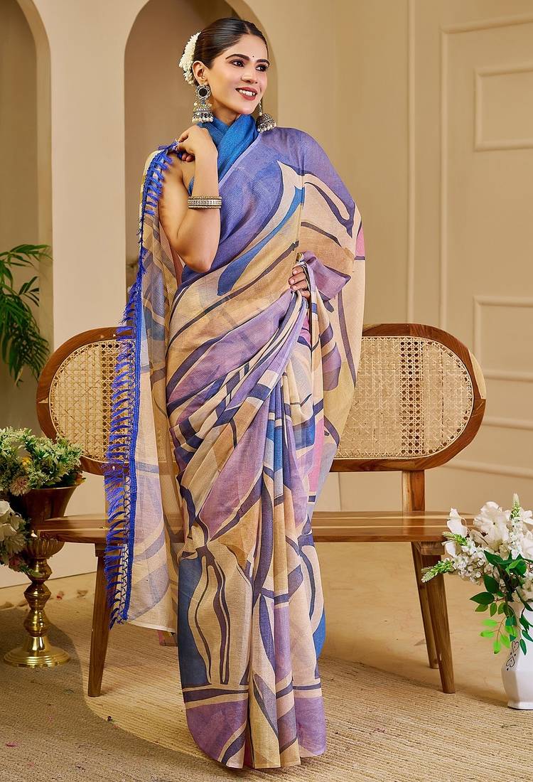 Purple cotton blend geometric print saree with blouse