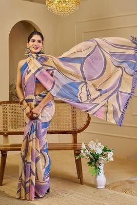 Purple cotton blend geometric print saree with blouse 5
