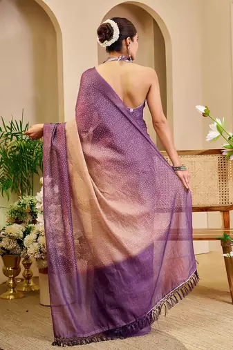 Lavender cotton blend dots print saree with blouse