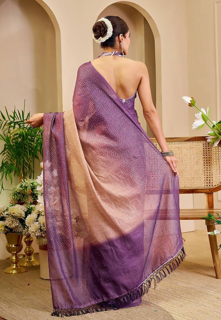 Lavender cotton blend dots print saree with blouse