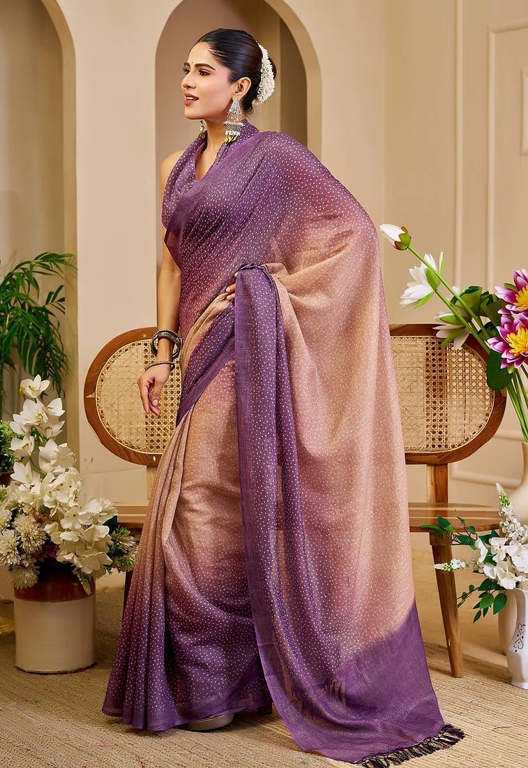 Lavender cotton blend dots print saree with blouse