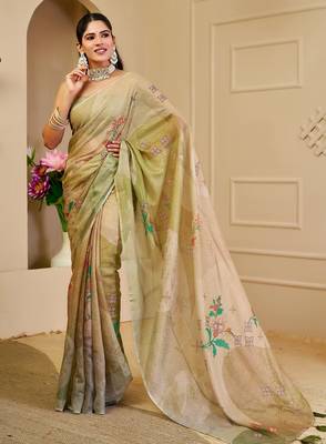 Beige cotton blend floral print saree with blouse 1