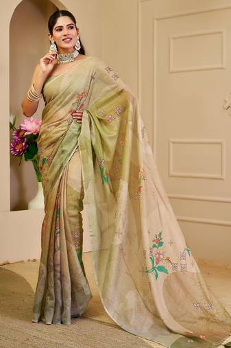 Beige cotton blend floral print saree with blouse
