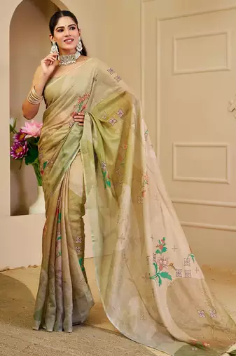 Beige cotton blend floral print saree with blouse
