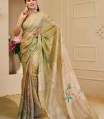 Beige cotton blend floral print saree with blouse
