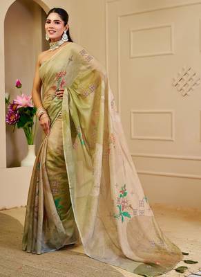 Beige cotton blend floral print saree with blouse 2