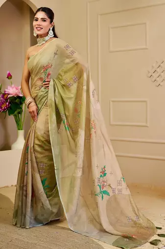 Beige cotton blend floral print saree with blouse