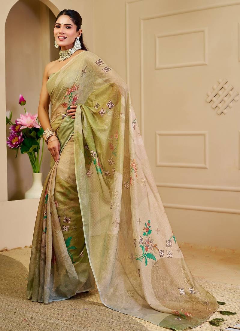 Beige cotton blend floral print saree with blouse