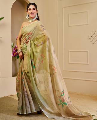 Beige cotton blend floral print saree with blouse 3