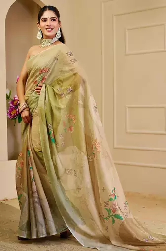 Beige cotton blend floral print saree with blouse