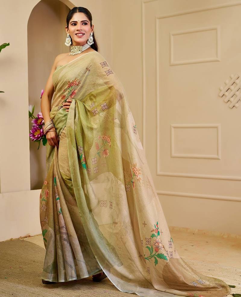 Beige cotton blend floral print saree with blouse