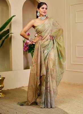 Beige cotton blend floral print saree with blouse 4