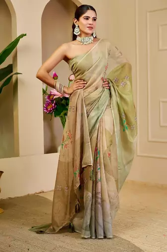 Beige cotton blend floral print saree with blouse