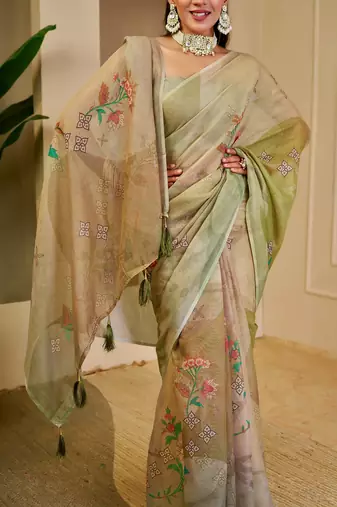Beige cotton blend floral print saree with blouse