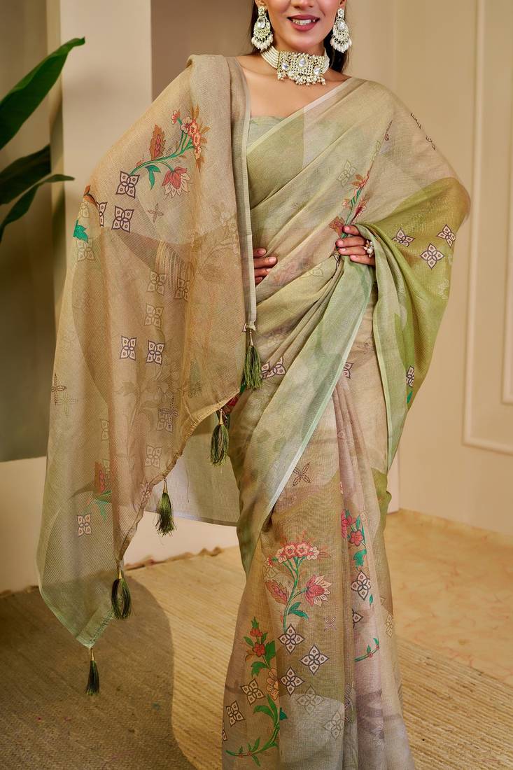 Beige cotton blend floral print saree with blouse