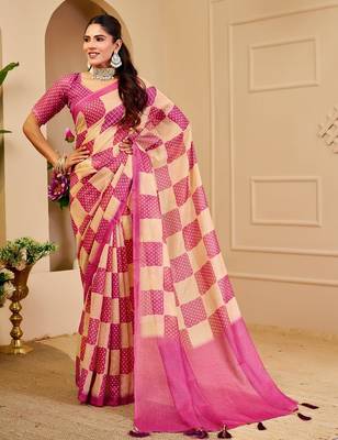 Pink cotton blend dots print saree with blouse 1