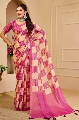 Pink cotton blend dots print saree with blouse