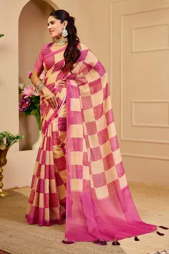 Pink cotton blend dots print saree with blouse