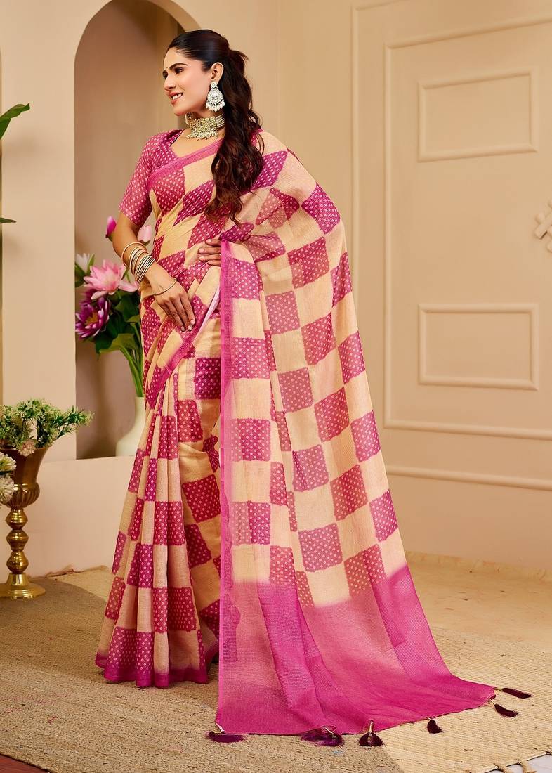 Pink cotton blend dots print saree with blouse