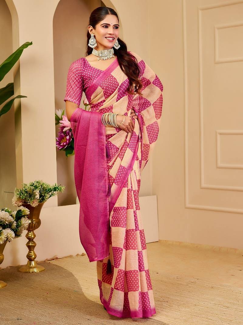 Pink cotton blend dots print saree with blouse