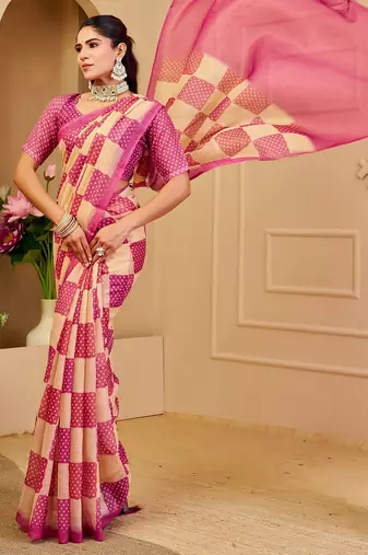 Pink cotton blend dots print saree with blouse