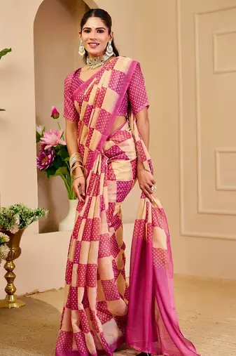 Pink cotton blend dots print saree with blouse