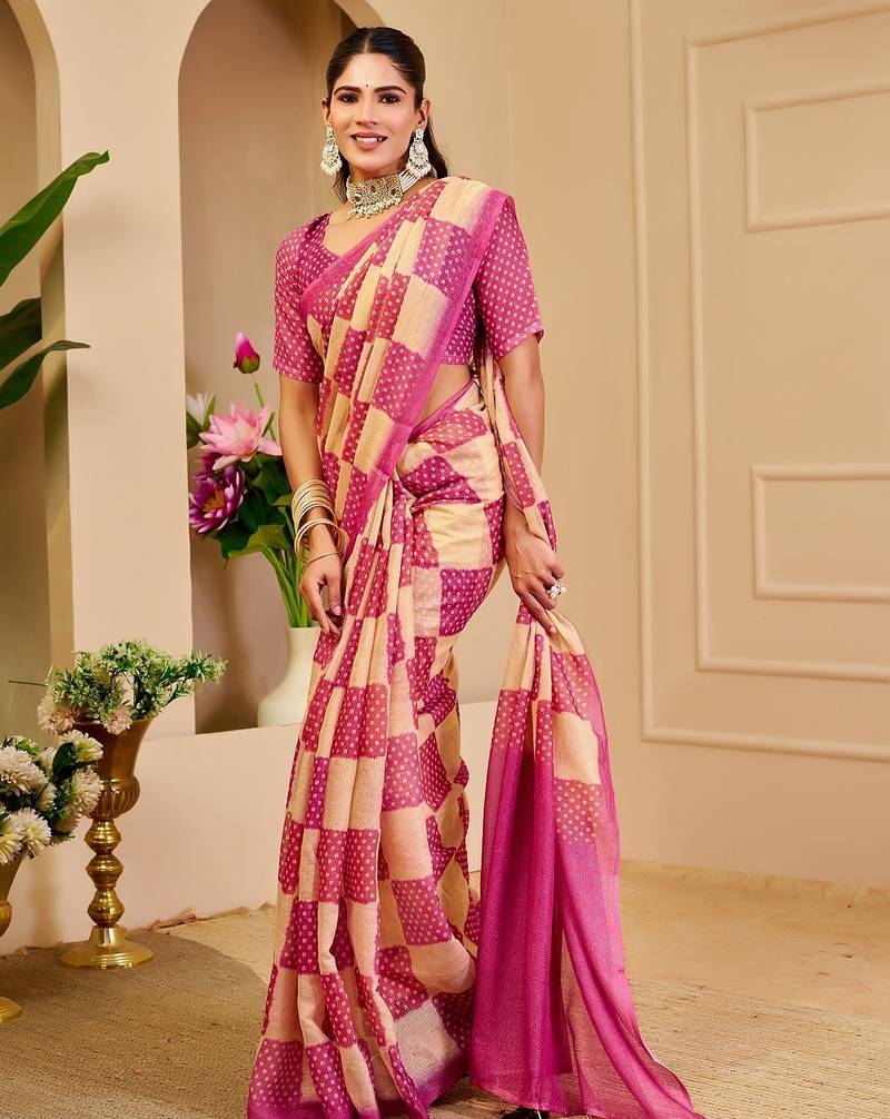 Pink cotton blend dots print saree with blouse