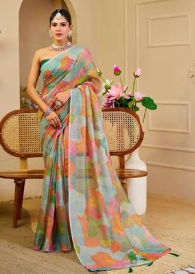 Green cotton blend floral print saree with blouse 1