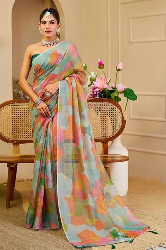 Green cotton blend floral print saree with blouse