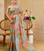 Green cotton blend floral print saree with blouse