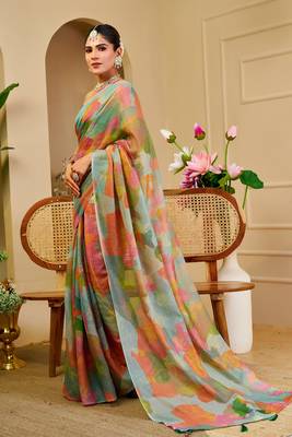 Green cotton blend floral print saree with blouse 2