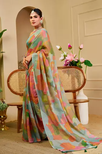 Green cotton blend floral print saree with blouse