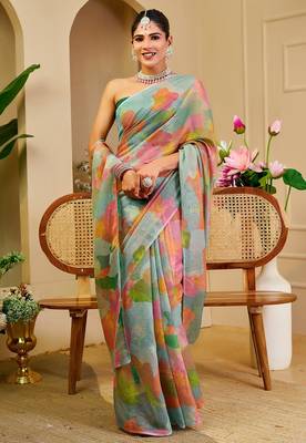 Green cotton blend floral print saree with blouse 3