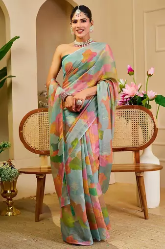 Green cotton blend floral print saree with blouse
