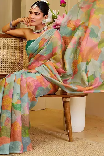 Green cotton blend floral print saree with blouse
