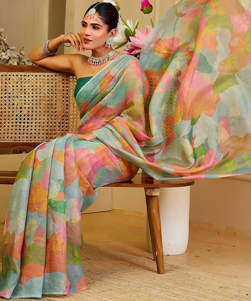 Green cotton blend floral print saree with blouse