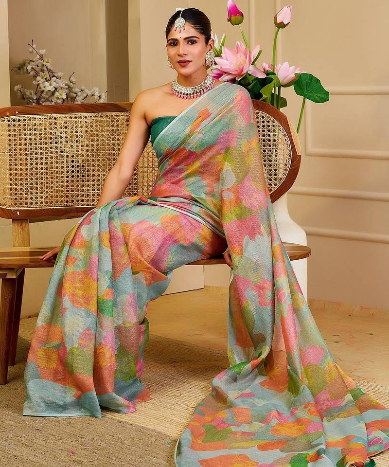 Green cotton blend floral print saree with blouse