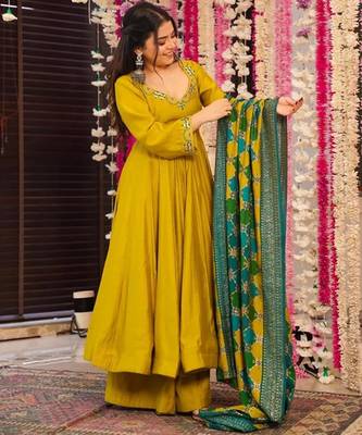 Mustard pv chanderi embroidery work fancy graceful partywear suit 1