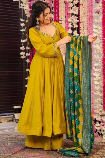 Mustard pv chanderi embroidery work fancy graceful partywear suit