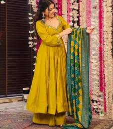 Mustard pv chanderi embroidery work fancy graceful partywear suit