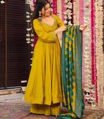 Mustard pv chanderi embroidery work fancy graceful partywear suit