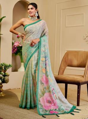 Green cotton blend floral print saree with blouse 1