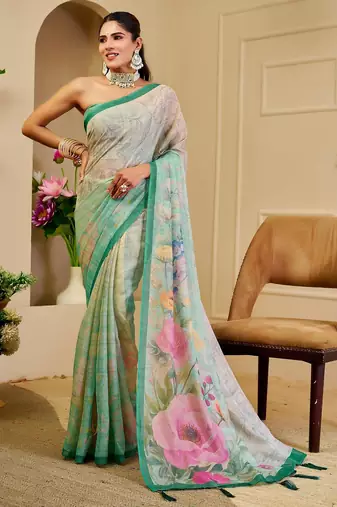 Green cotton blend floral print saree with blouse