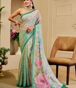 Green cotton blend floral print saree with blouse