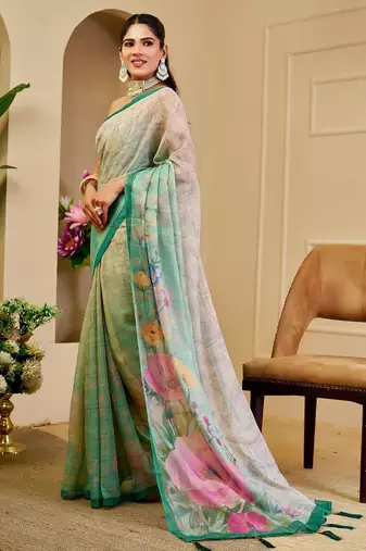 Green cotton blend floral print saree with blouse