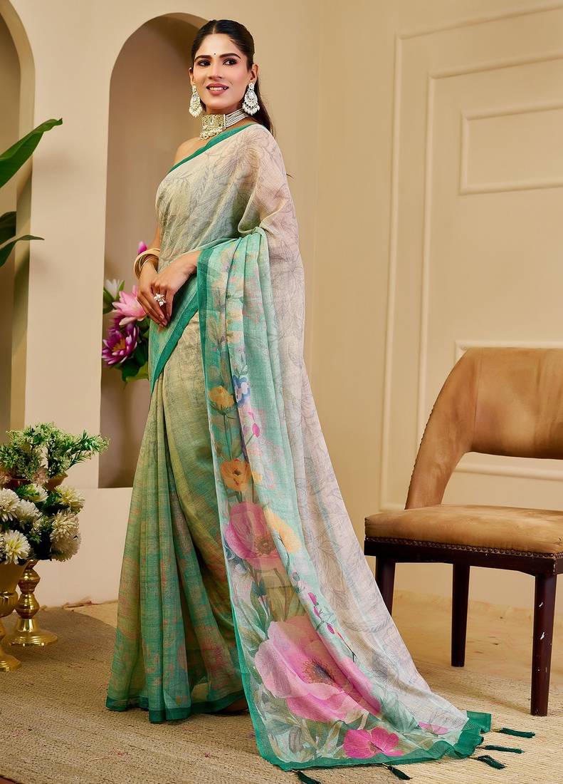 Green cotton blend floral print saree with blouse