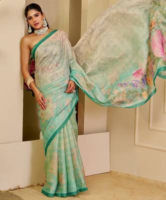 Green cotton blend floral print saree with blouse 3