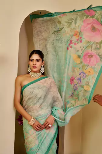 Green cotton blend floral print saree with blouse