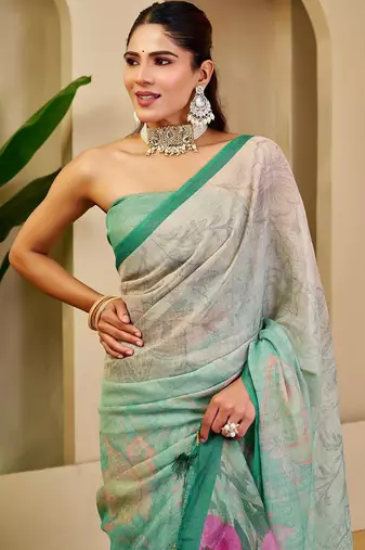 Green cotton blend floral print saree with blouse